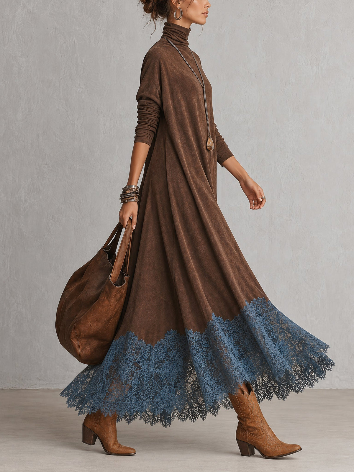 Vestido largo marrón efecto ante con mangas largas y bajo de encaje vintage
