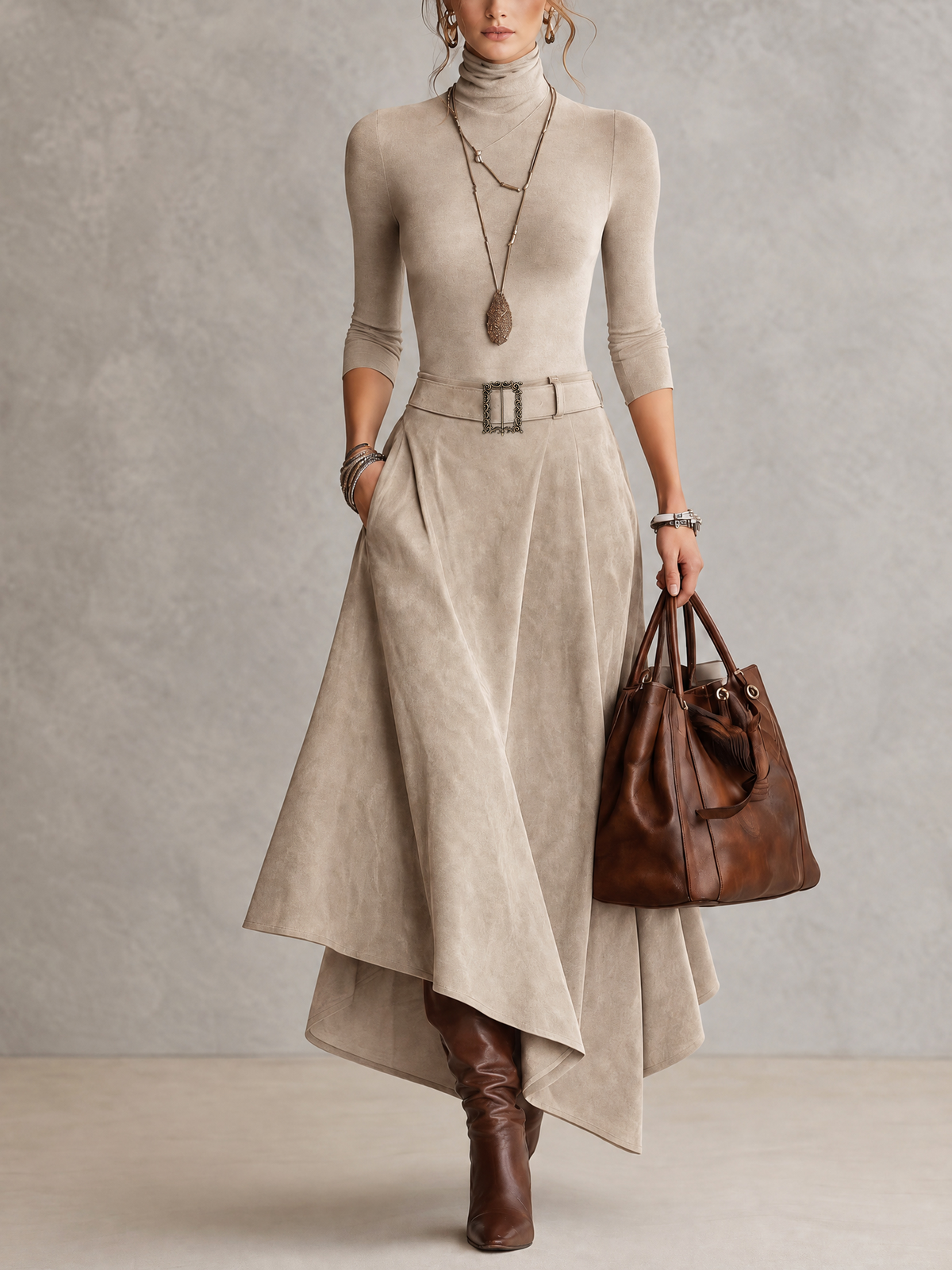Olivia | Conjunto verde oliva con falda efecto ante