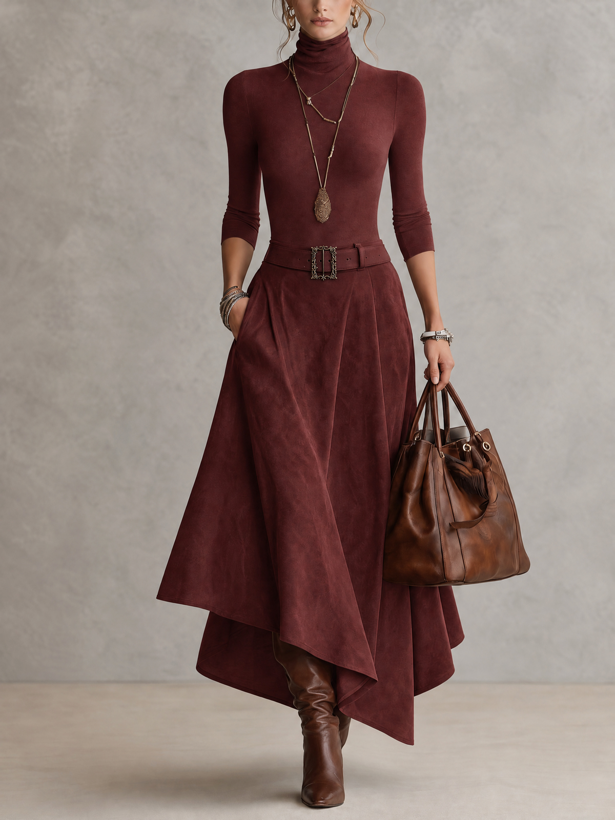 Olivia | Conjunto verde oliva con falda efecto ante