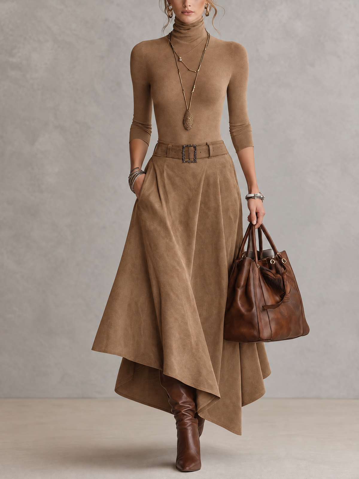 Olivia | Conjunto verde oliva con falda efecto ante