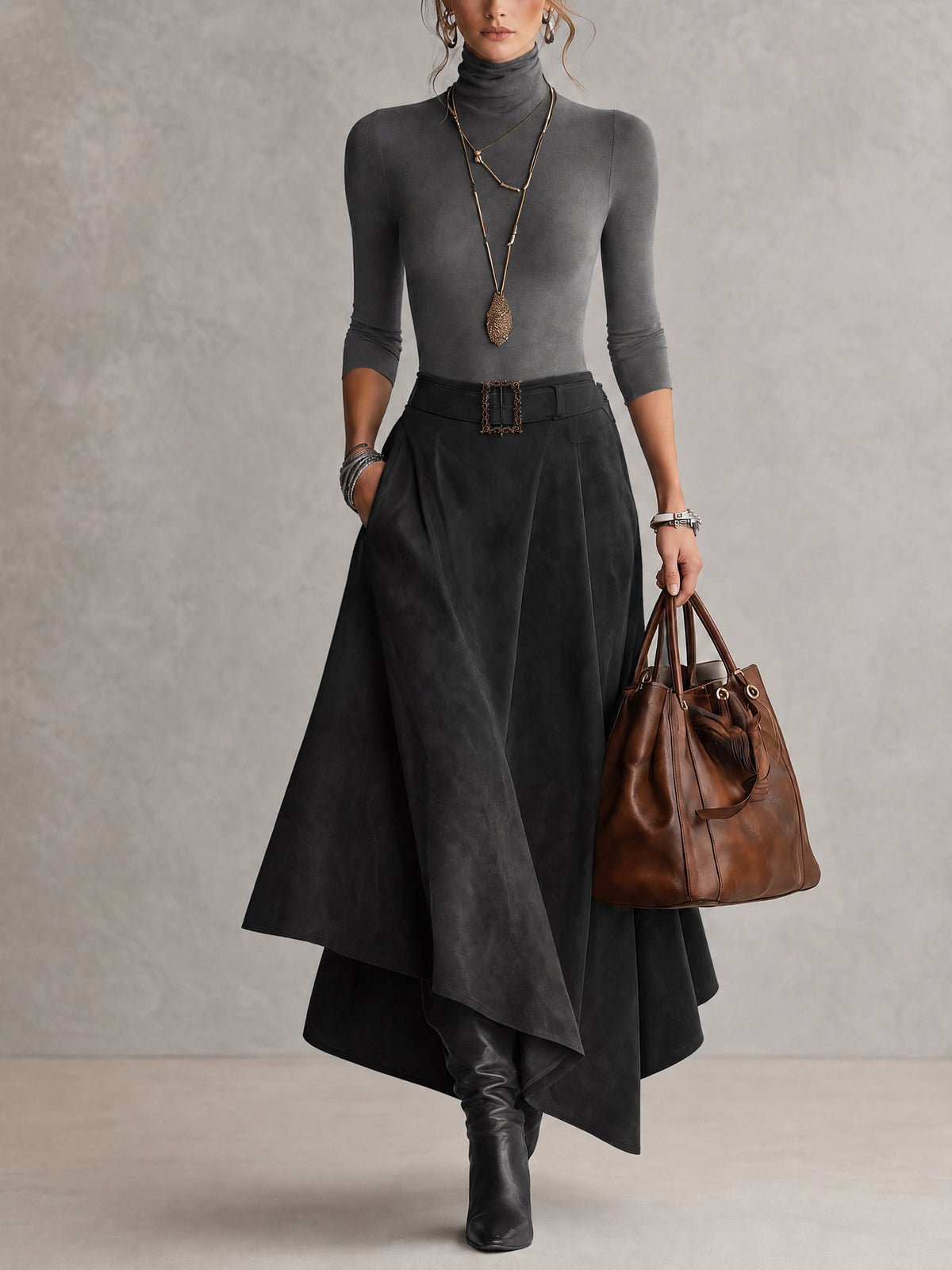 Olivia | Conjunto verde oliva con falda efecto ante