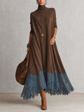 Vestido largo marrón efecto ante con mangas largas y bajo de encaje vintage