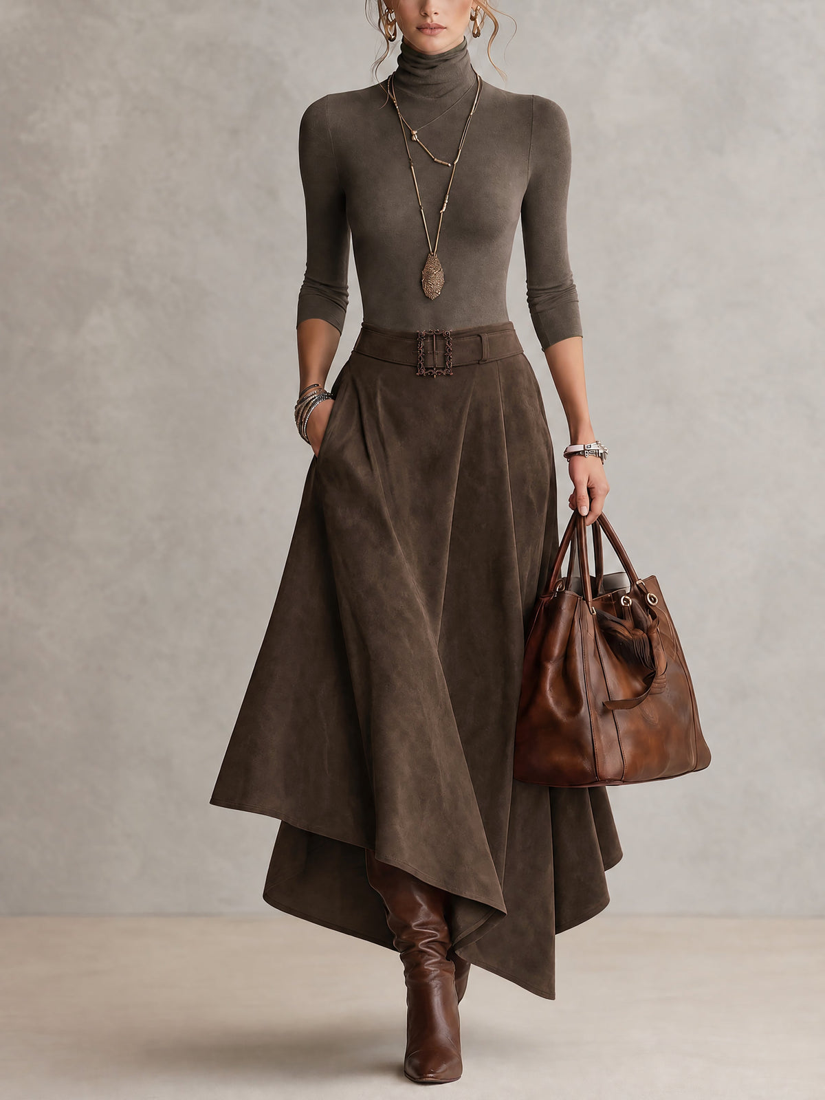 Olivia | Conjunto verde oliva con falda efecto ante