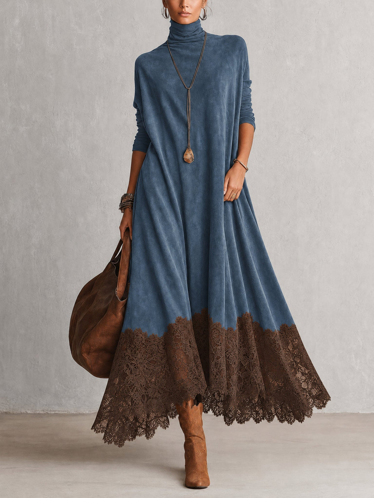 Vestido largo marrón efecto ante con mangas largas y bajo de encaje vintage