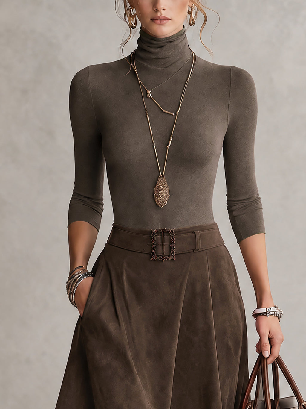 Olivia | Conjunto verde oliva con falda efecto ante