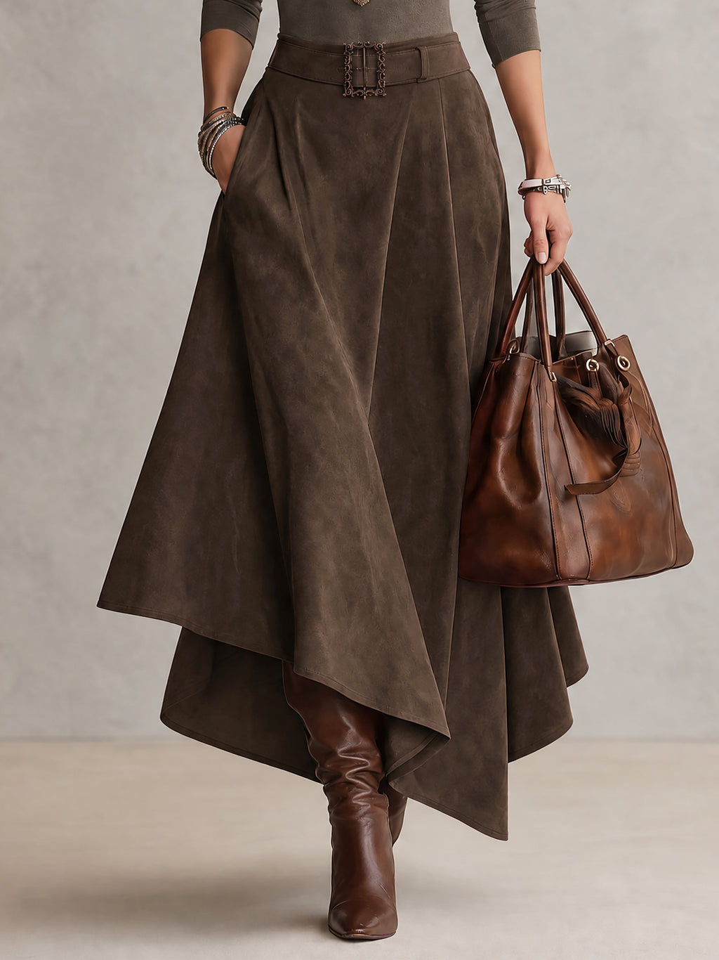 Olivia | Conjunto verde oliva con falda efecto ante