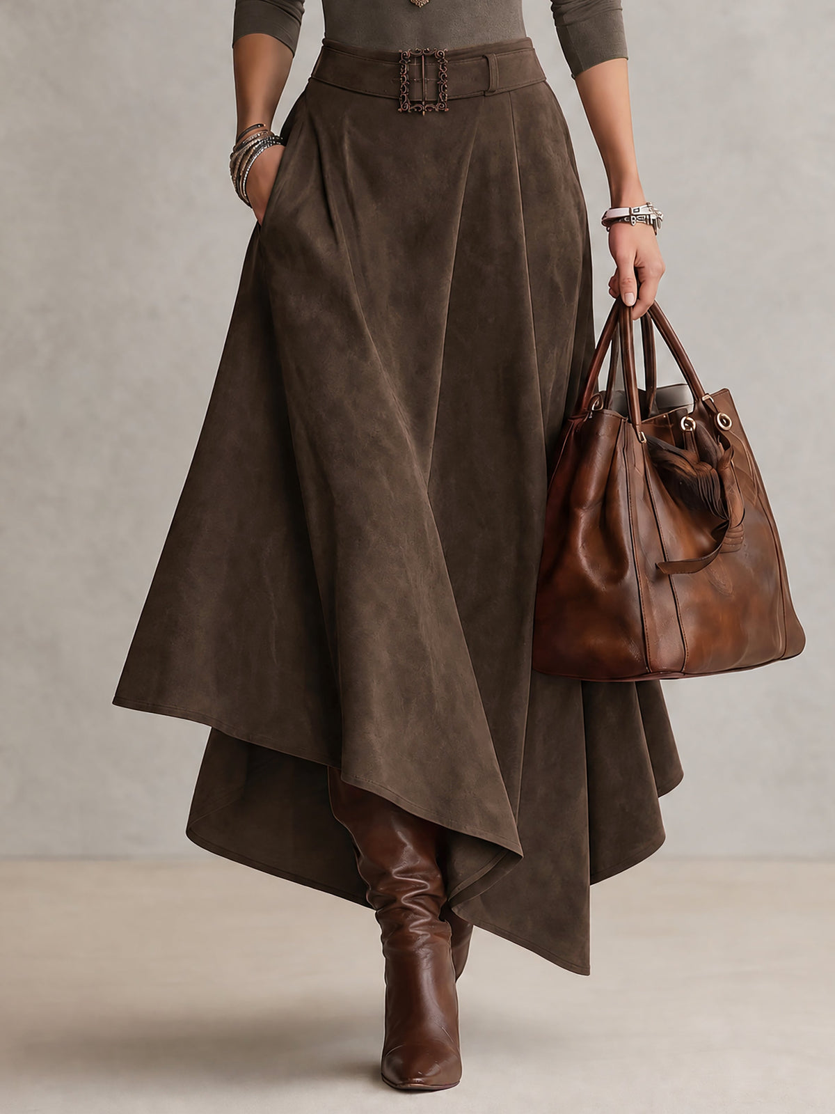 Olivia | Conjunto verde oliva con falda efecto ante