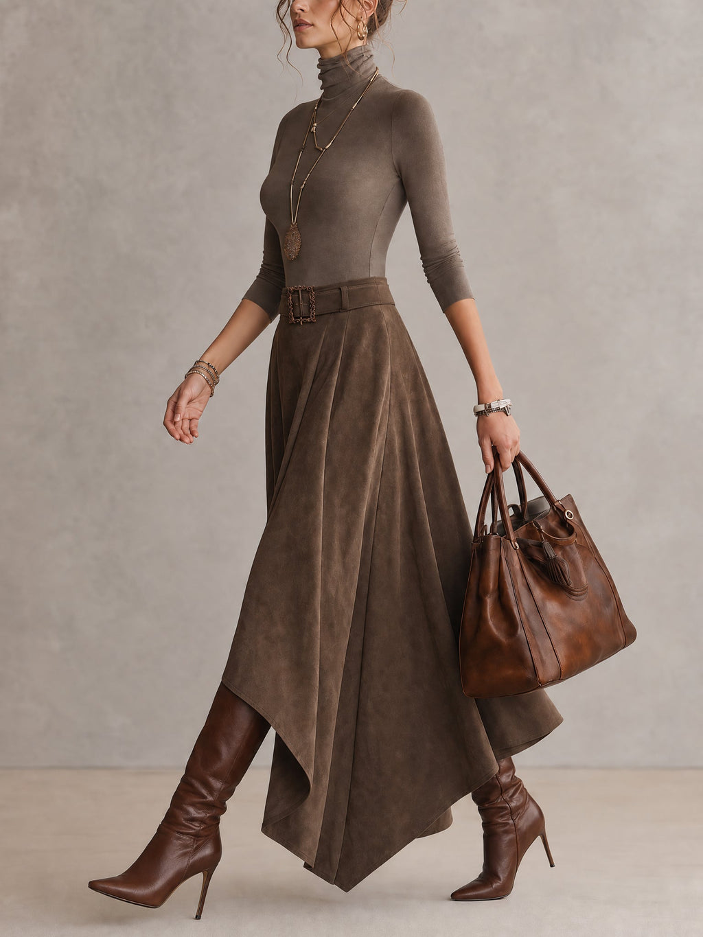 Olivia | Conjunto verde oliva con falda efecto ante
