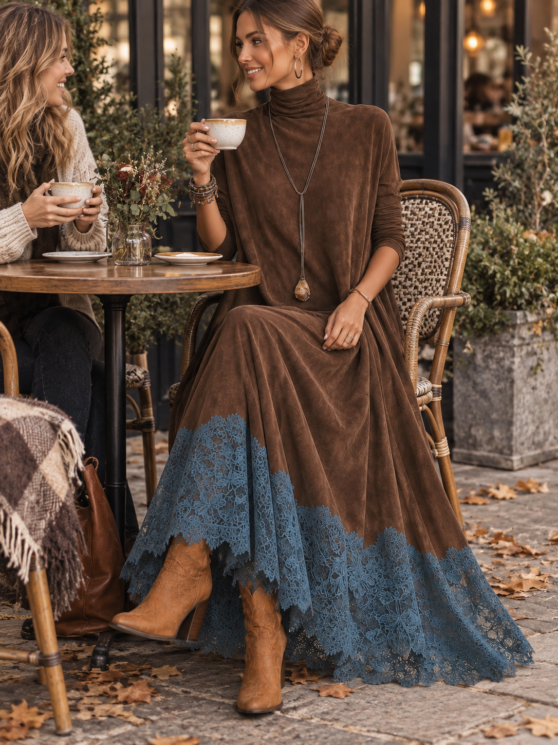 Vestido largo marrón efecto ante con mangas largas y bajo de encaje vintage