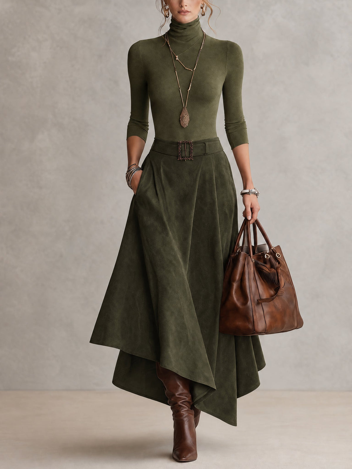 Olivia | Conjunto verde oliva con falda efecto ante