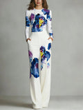Conjunto de Top Cuello Redondo con Bloques de Color y Estampado Parcial y Pantalones