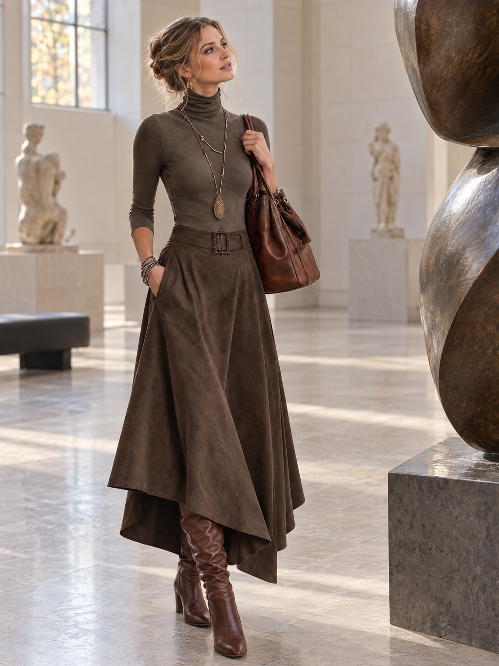 Olivia | Conjunto verde oliva con falda efecto ante