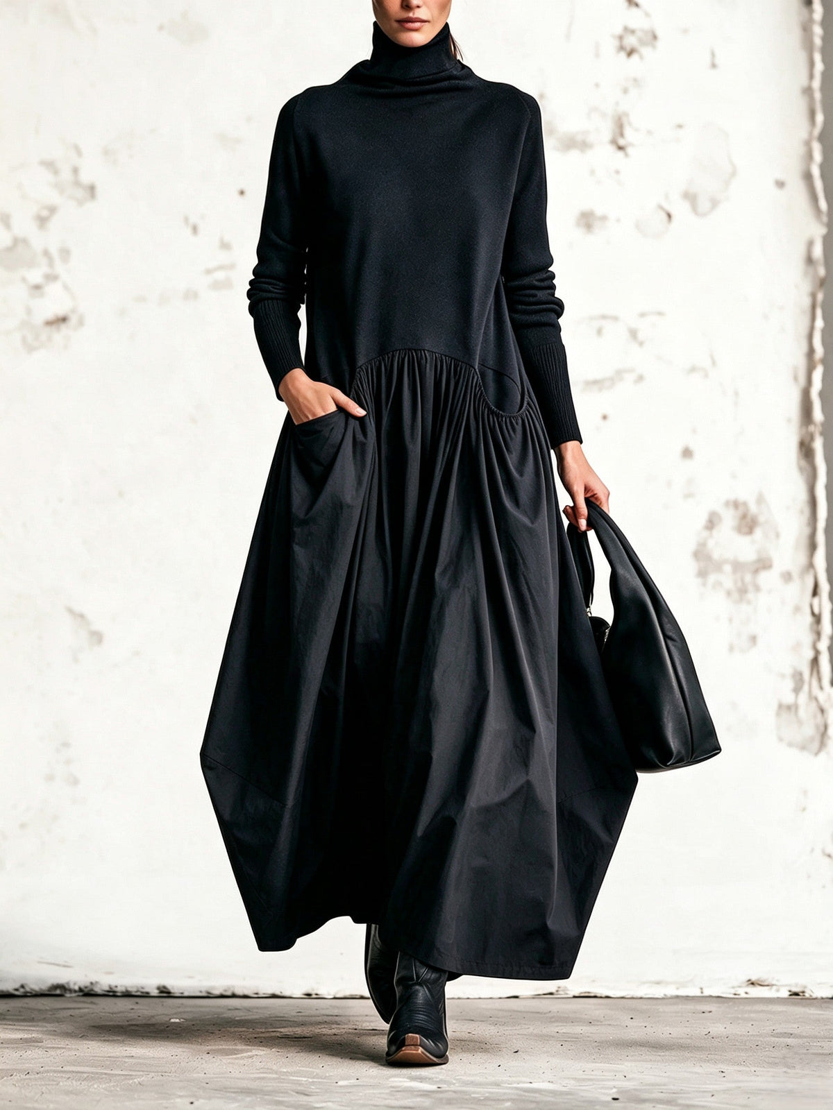 Vestido largo oversize de cuello alto con bolsillos