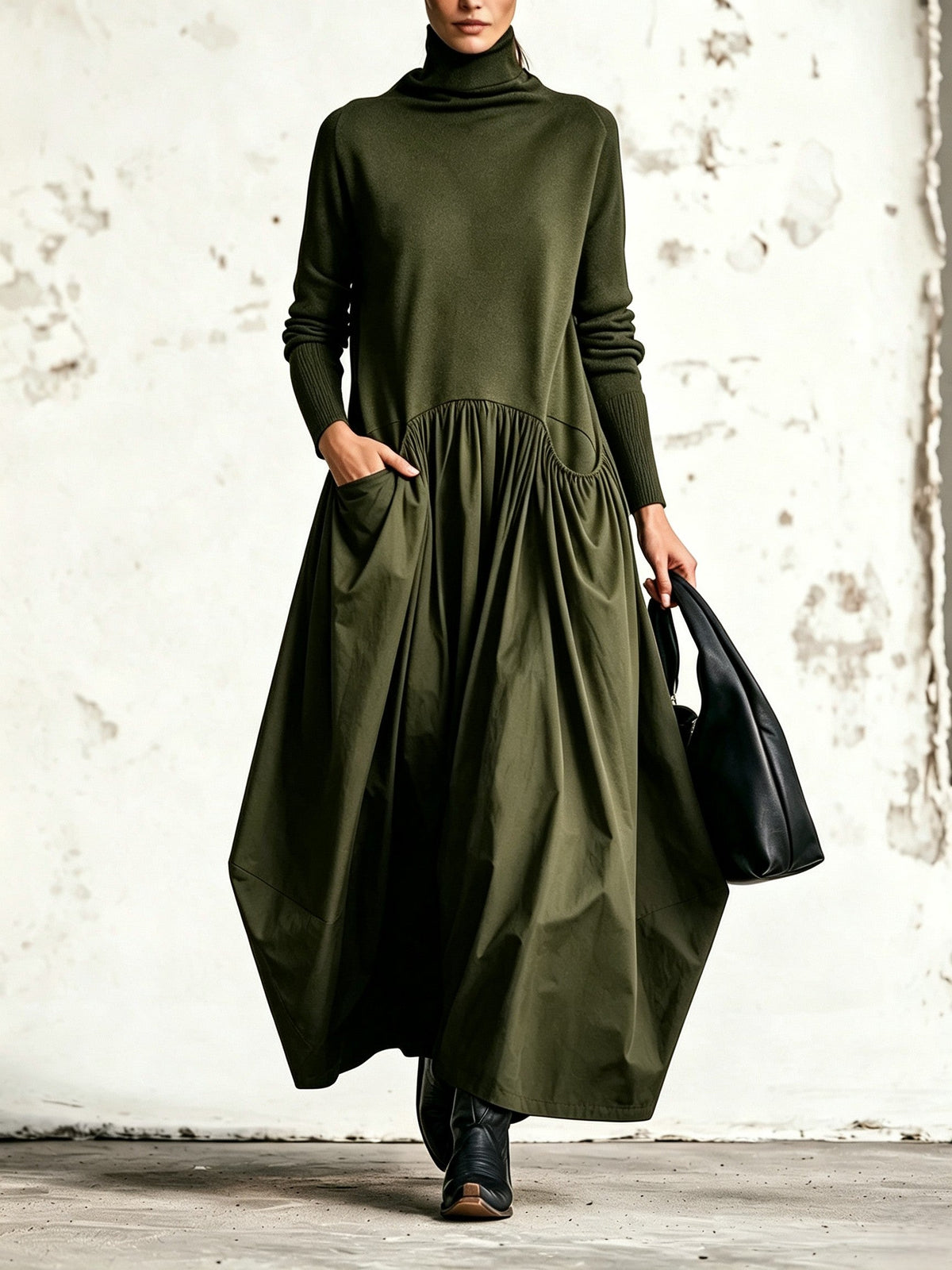 Vestido largo oversize de cuello alto con bolsillos