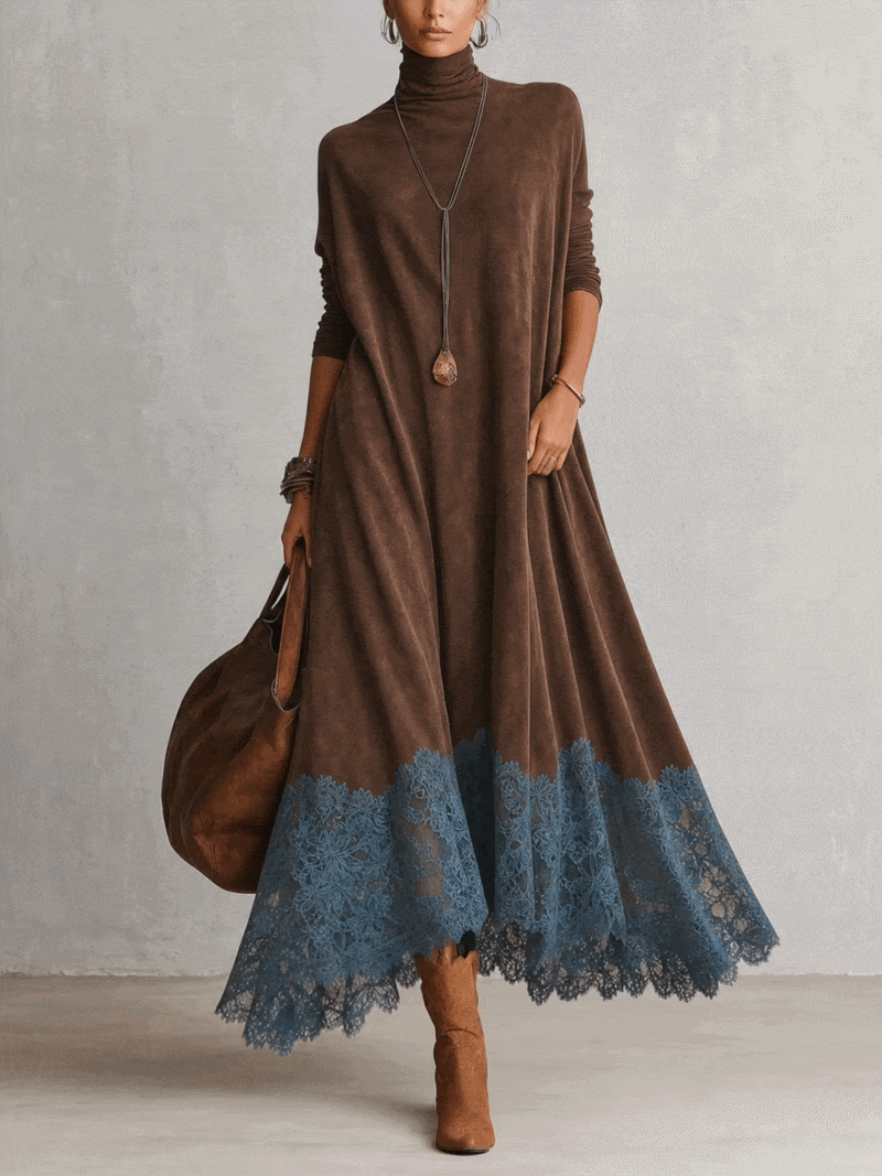 Vestido largo marrón efecto ante con mangas largas y bajo de encaje vintage