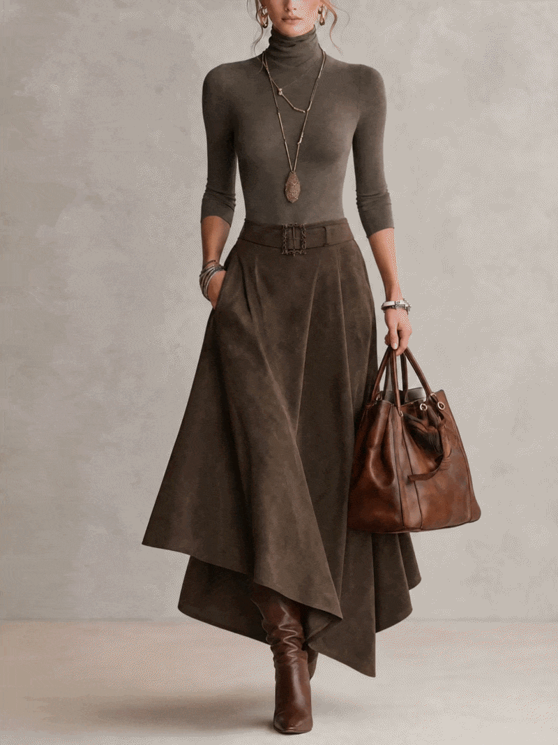 Olivia | Conjunto verde oliva con falda efecto ante